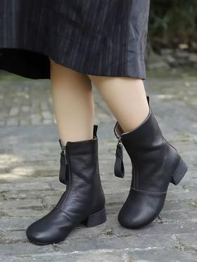 真皮软底中筒靴女冬季新款鞋子妈妈加绒棉靴靴子复古牛皮女靴