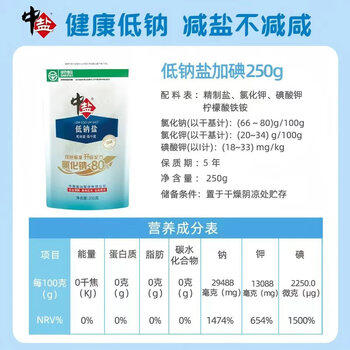 中盐优质低钠盐250g*5加碘 绿色食品 低钠盐 吃好盐选中盐 商品图0