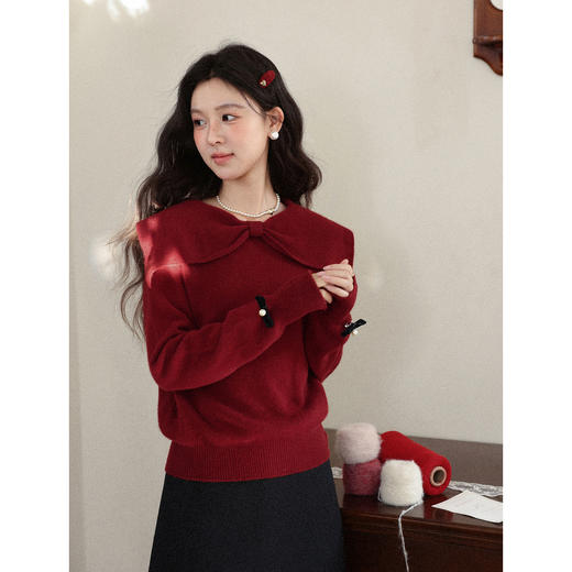 鹿向南「雷诺柔裘」大翻领蝴蝶结红色针织毛衣女秋冬保暖显瘦上衣 商品图0
