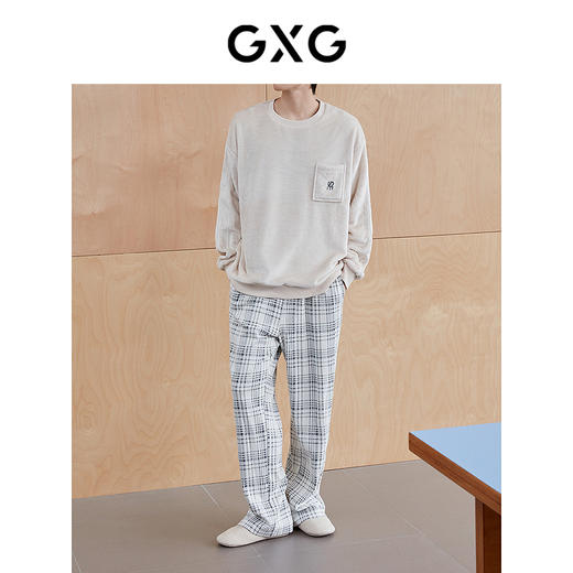 GXG男士家居服 蓬松微绒肌理感长袖套头睡衣格子睡裤廓形睡衣套装 商品图1