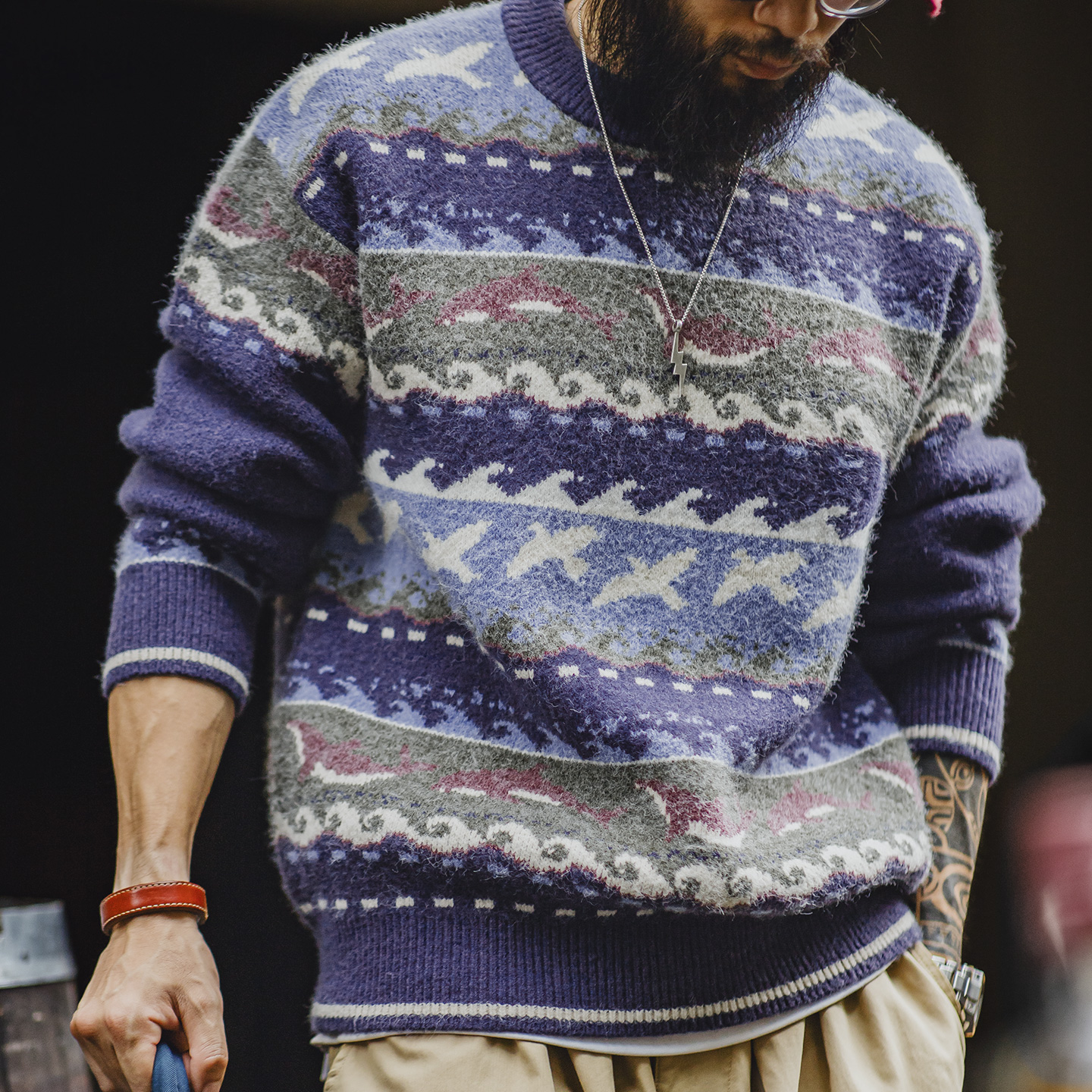 马登工装美式复古费尔岛毛衣圆领套头加厚宽松保暖外穿针织衫男冬