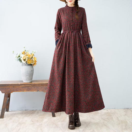 棉麻连衣裙文艺复古秋冬新款加绒加厚碎花长裙显瘦休闲大摆打底裙 商品图0