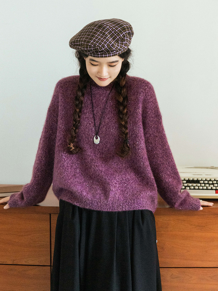 落日星河 重磅100%山羊绒圆领套头金银丝羊绒衫FCF3CST126