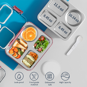 FDA认证 美国沃尔玛 HANMFEI  不锈钢便当盒 4分隔密封不串味饭盒 1150ml