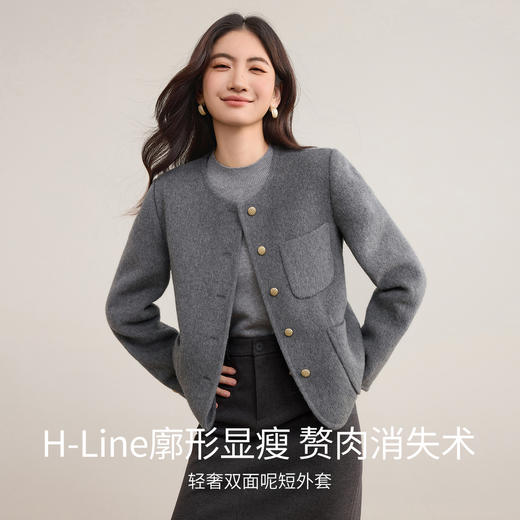 【内购】【绵羊毛】多色可选轻奢通勤圆领撞色金属扣保暖厚双面呢短外套-W54OG8767 商品图1