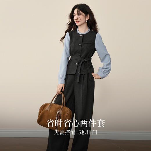 【11/19新品】熙世界高级感通勤职场风套装女装秋冬假两件磨毛衬衫阔腿裤两件套 商品图1