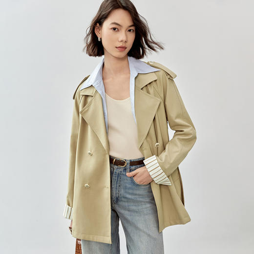 【内购】气质通勤经典翻领插肩袖双排扣翻折撞色袖口配可拆卸肩带宽松风衣-153FB3591X 商品图1