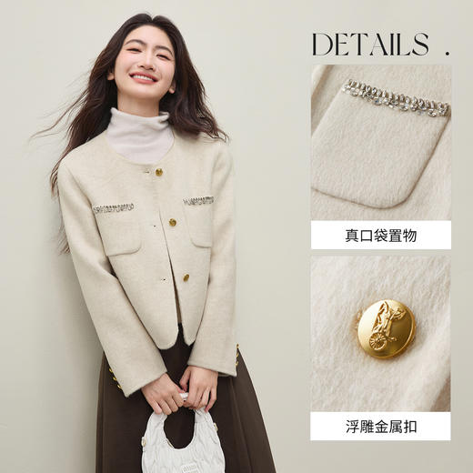 【内购】【100%绵羊毛】通勤贵气奢感手工钉钻圆领厚保暖短款双面呢外套-W54OG4882 商品图3