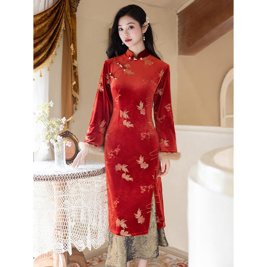 红色好运锦鲤新中式改良旗袍，新年服气质优雅鱼尾裙LSB4279 商品图1