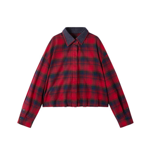 谜底格纹衬衣长袖2025冬季新品复古红格磨毛撞色衬衫女254MC1661 商品图4