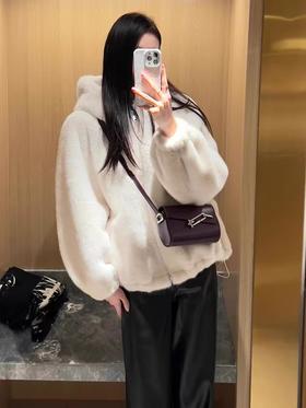不掉绒法兰绒连帽立领天鹅绒皮草外套