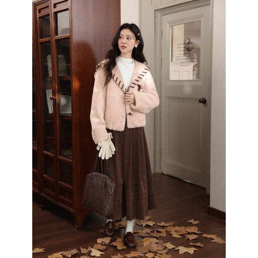 鹿向南「雾都恋人」粉色短外套时尚V领秋冬季外搭开衫小众上衣女 商品图1