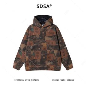 SDSA男士秋冬新款痞帅男装潮牌扎染撞色植物花卉连帽卫衣百搭时尚