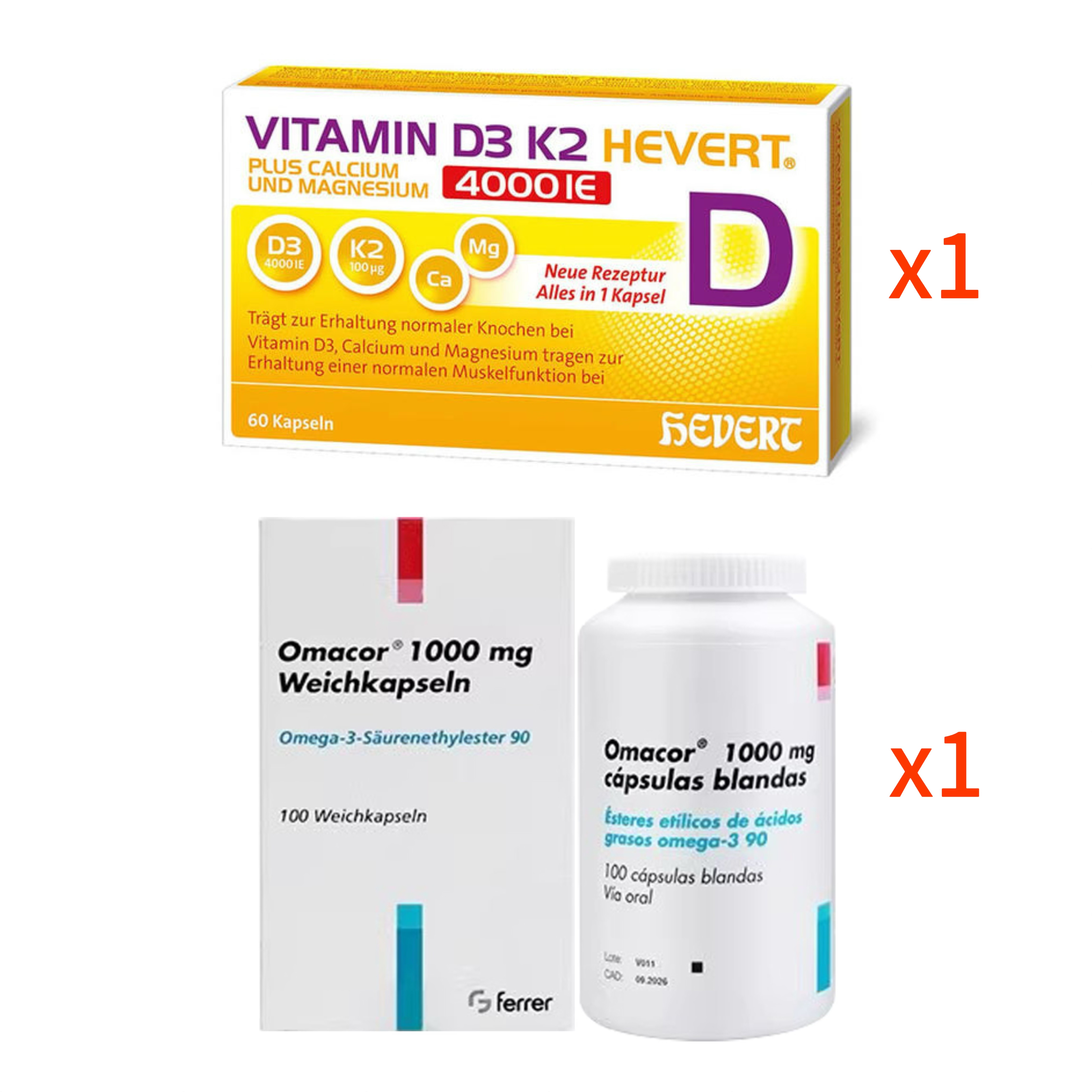 【德国直邮】德国Hevert菲德维生素D3K2镁钙4000IU*60粒/盒 德国Omacor欧玛可omega3医用鱼油100粒/瓶 组合 T0T1T2（下单请提供身份证）