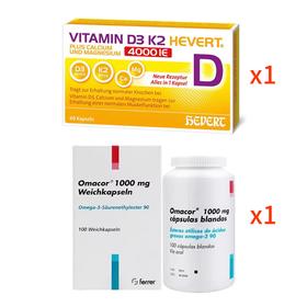 【德国直邮】德国Hevert菲德维生素D3K2镁钙4000IU*60粒/盒 德国Omacor欧玛可omega3医用鱼油100粒/瓶 组合 T0T1T2（下单请提供身份证）