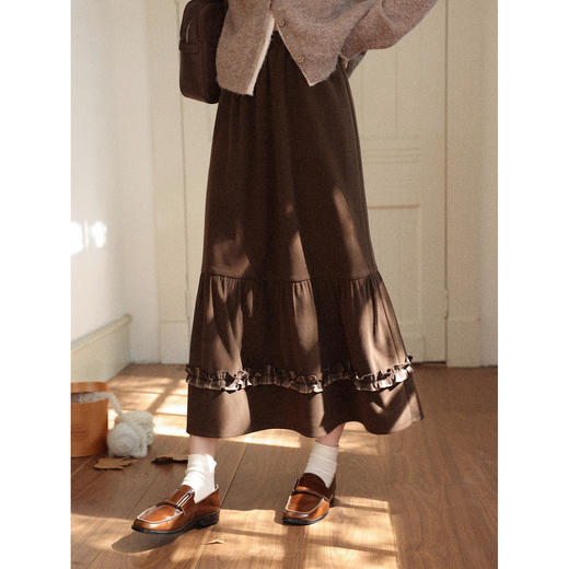 鹿鹿向南「与古为雅」复古风咖色半身裙女秋冬高腰垂感中长款A字裙 商品图0