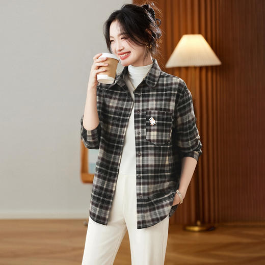 馥迦休闲百搭小狗刺绣磨毛格子衬衫 商品图4