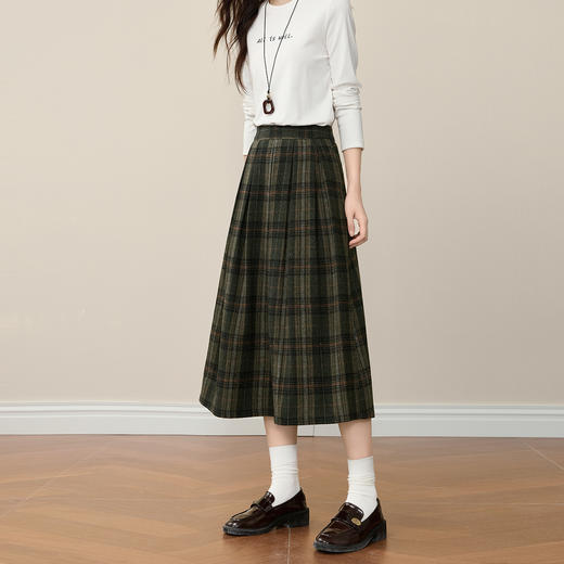 【年货节】熙世界复古格纹毛呢半身裙女秋冬高腰宽松梨形伯克利a字中长裙子 商品图4