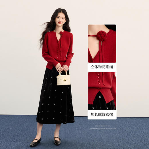 【11/19新品】熙世界氛围感立体花朵系带红色毛衣开衫女秋冬独特别致羊毛针织衫 商品图2