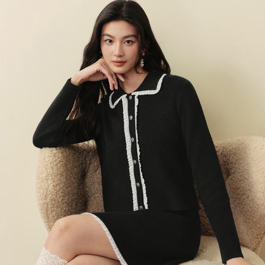 【严选】诗凡黎蕾丝边娃娃领针织套装2025冬新款韩系小香风毛衣短裙两件套7GB491071 商品图0