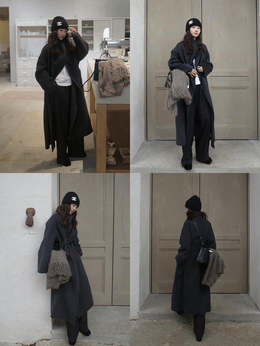 HIDEMI 澳洲美利奴羊毛长毛不规则剪裁门襟堆堆领长款大衣 商品图2