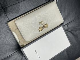 【超惠秒】GUCCI GG Marmont 白色真皮带钻缎带金属logo 长钱包/手拿包 11606