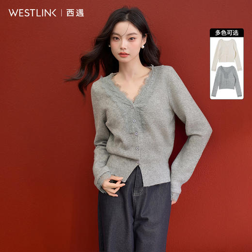 西遇韩系针织开衫女秋季新款法式温柔V领蕾丝短款毛衣外套SS051620 商品图0
