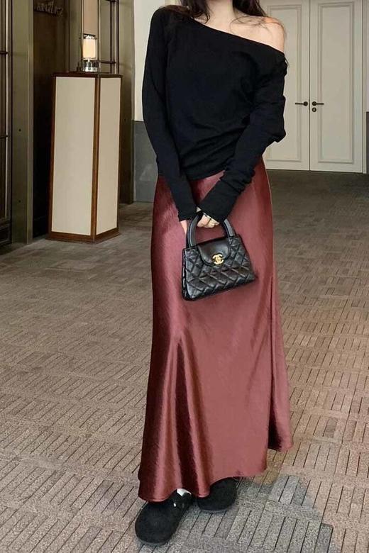 ELLA JADE 法式气质醋酸缎面垂坠感高腰半裙 21622 商品图5