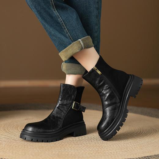 【小众厚底复古拼接短靴】 皮带扣新款秋冬棕色时装靴5CM-CC 商品图1