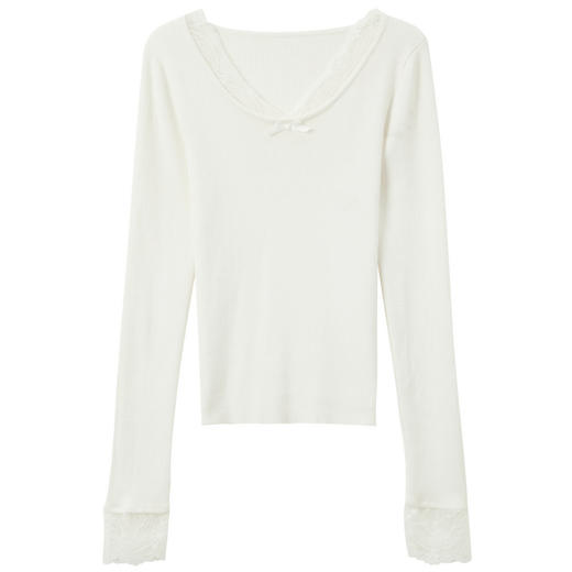 【抗起球】三彩2025冬季新款修身针织衫蕾丝V领打底衫长袖M 商品图4