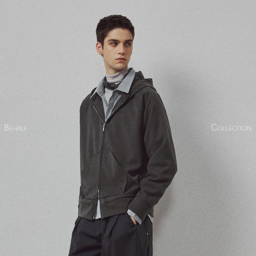 714street高端线BEHALF 弧型口袋 层次抽皱 绒面极简开衫连帽卫衣 商品图1