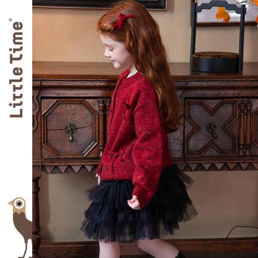 littletime女童开衫2025秋冬新款蝴蝶结针织红色新年红毛衣外套 商品图4