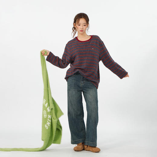 复古宽松兔毛绒条纹圆领T恤打底衫-纪念日百货门店同款167293562 商品图1