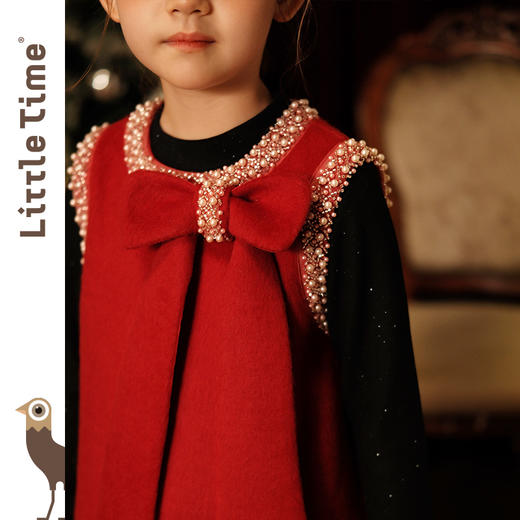 littletime儿童秋冬毛呢背心裙红色礼服裙年服女童小香风连衣裙 商品图3