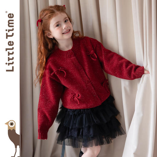 littletime女童开衫2025秋冬新款蝴蝶结针织红色新年红毛衣外套 商品图3