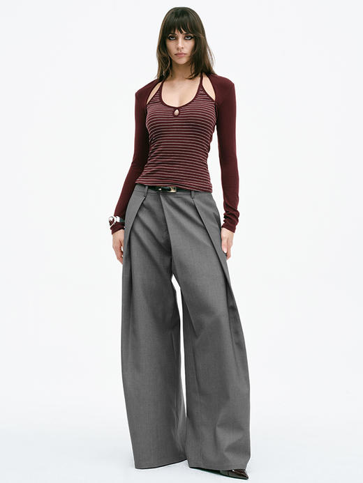 TR她热 自在呼吸 BraFree 酒红色拼接条纹袖套修身显瘦带胸垫百搭挂脖打底衫上衣 商品图2