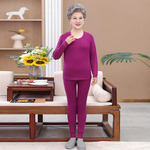 中老年人秋衣秋裤女纯棉奶奶纯色全棉打底内衣套装妈妈中领两件套 商品图2