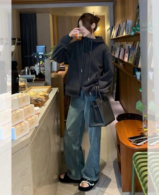 D111932保暖复古星空纹阔腿牛仔裤高腰宽松显瘦直筒阔腿裤 商品图4