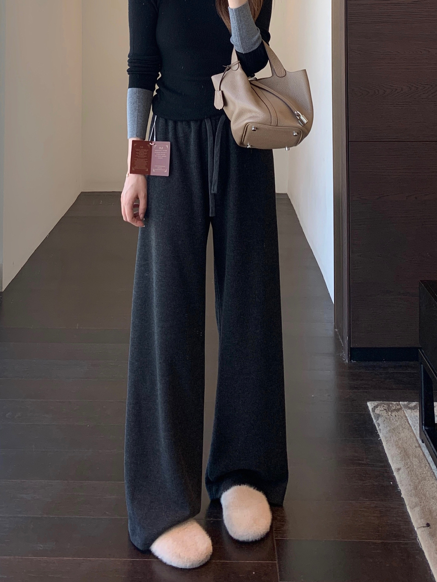 （预售3-7天）秋冬重磅羊绒羊毛桑蚕丝混纺阔腿裤 高腰抽绳松紧腰 遮肉显腿长 百搭懒人款