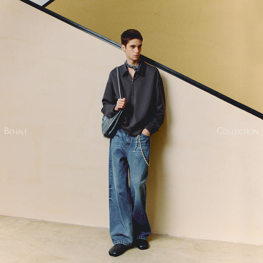 714street高端线 BEHALF 粗斜 靛蓝烟黑 破坏侧骨水洗直筒牛长裤 商品图3