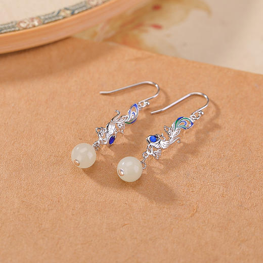 【凤凰之舞】S925纯银和田玉凤凰古风珐琅圆珠耳饰【CW-EG02380】 商品图1