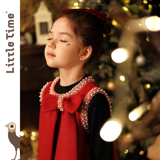 littletime儿童秋冬毛呢背心裙红色礼服裙年服女童小香风连衣裙 商品图1