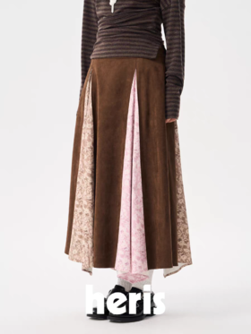 heris/H54112/花园印花拼接麂皮松紧腰A字伞裙