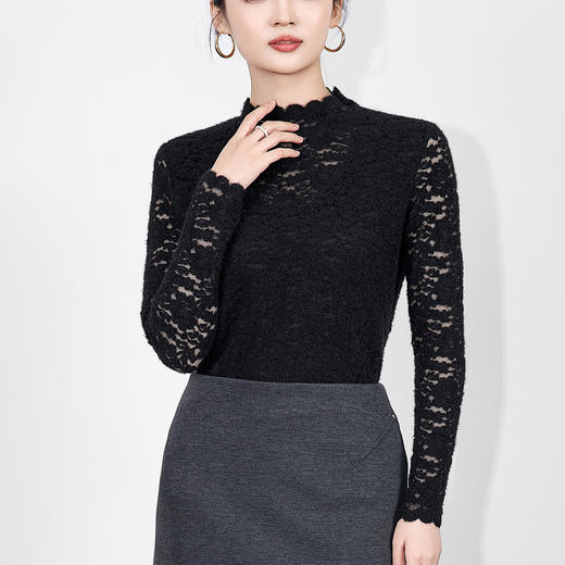 「高货wl」全新升级【铂金会员174/天猫229/差价55】(95055)洛诗琳法式半高领提花蕾丝上衣2025秋冬磨毛加绒打底衫女 商品图0