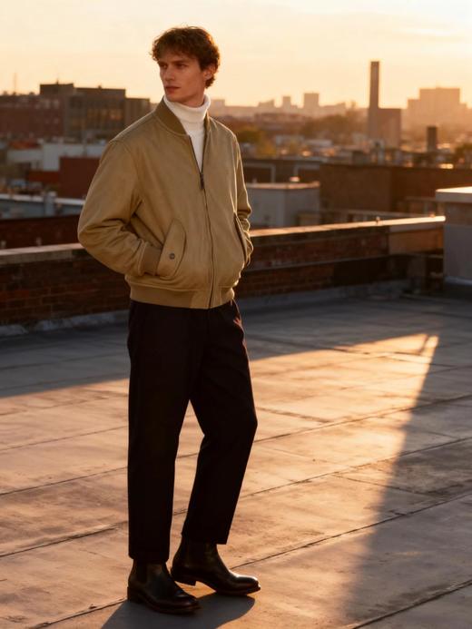 D111933麂皮羊绒面革皮衣绗棉罗纹棒球领外套棉服 商品图8