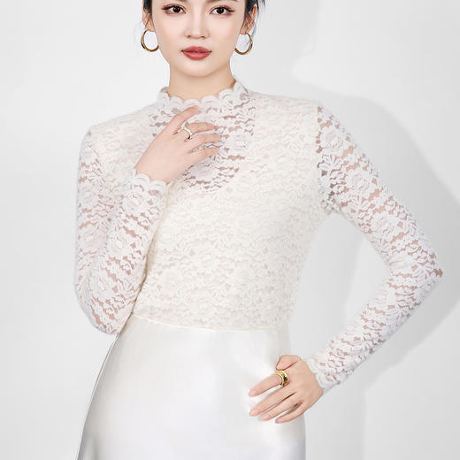 「高货wl」全新升级【铂金会员174/天猫229/差价55】(95055)洛诗琳法式半高领提花蕾丝上衣2025秋冬磨毛加绒打底衫女 商品图3