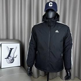 D111945三道杠连帽加厚棉服胸前刺绣logo字母长袖拉链夹克口袋外套