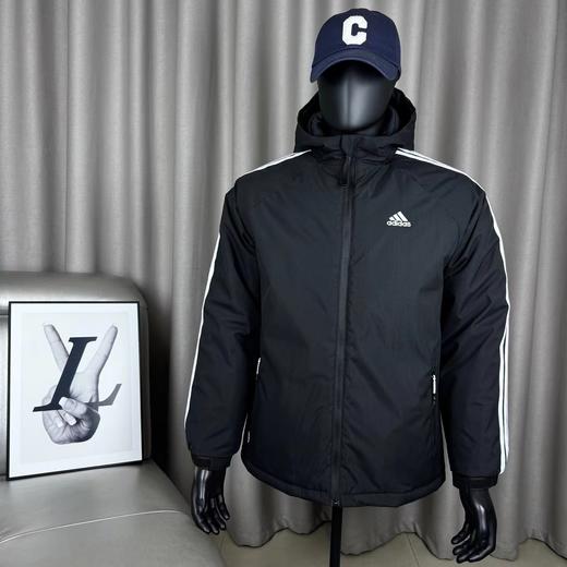 D111945三道杠连帽加厚棉服胸前刺绣logo字母长袖拉链夹克口袋外套 商品图0