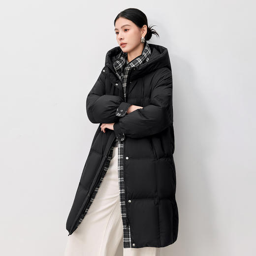 QS复古格子拼接黑色羽绒服女冬季新款韩版加厚中长款95鸭绒外套5113 商品图2