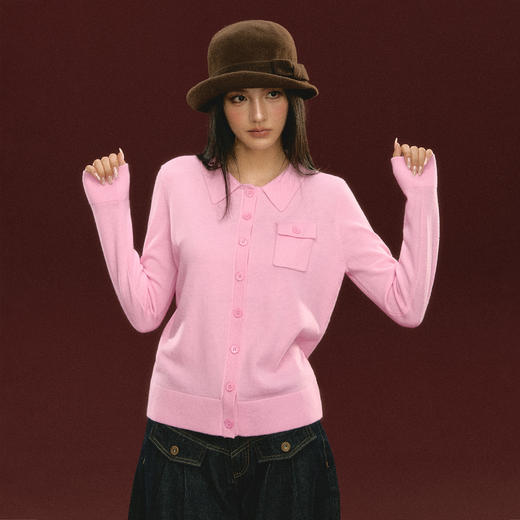 Ariseism 美式复古粉色翻领针织开衫毛衣女秋冬新款上衣 商品图2